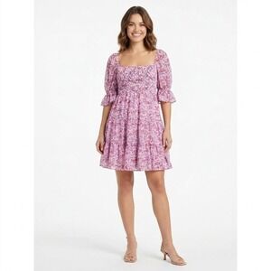 Olive & Leaf Rose Floral Smocked Mini Dress Pink Purple HD1627 Large NWT Boho